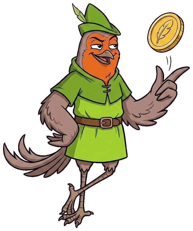 ROBI flipping the gold feather coin